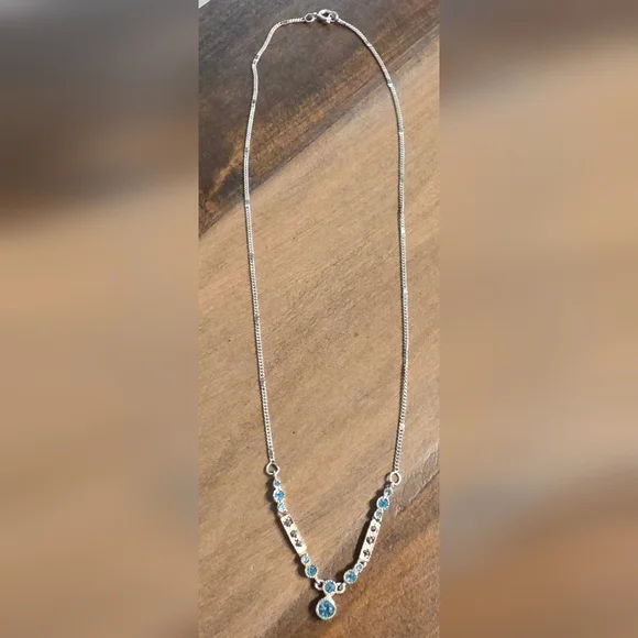 VINTAGE ANTIQUE STERLING 925 SKY BLUE TOPAZ AND MARCASITE NECKLACE 16 IN - Picture 2 of 5